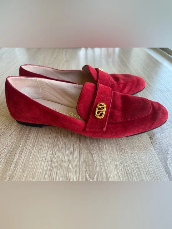 Stuart Weitzman Red Suede Loafers with Gold SW Emblem - Picture 6 of 8